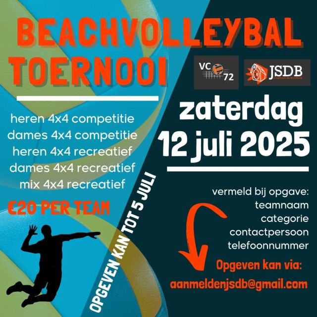 VCO’72 en JSDB organiseren Beachvolleybaltoernooi 12 juli