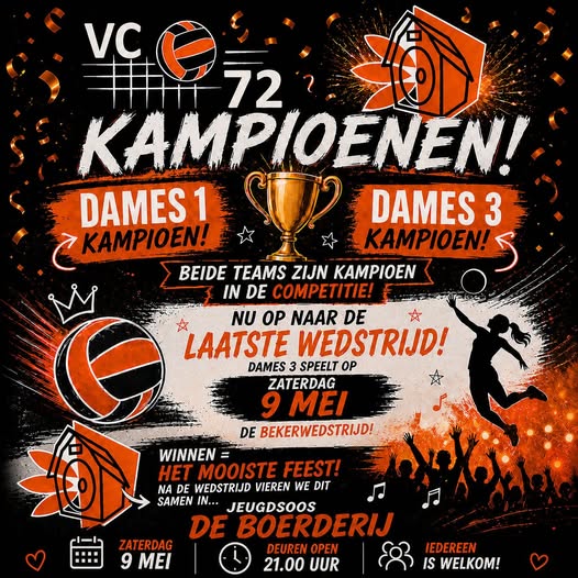 Kampioensfeest Dames 1 en 3 VCO'72 in jeugdsoos op 9 mei
