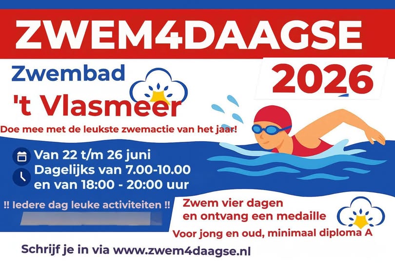 Zwem4Daagse bij Zwembad ’t Vlasmeer 22-26 juni. Doe mee!